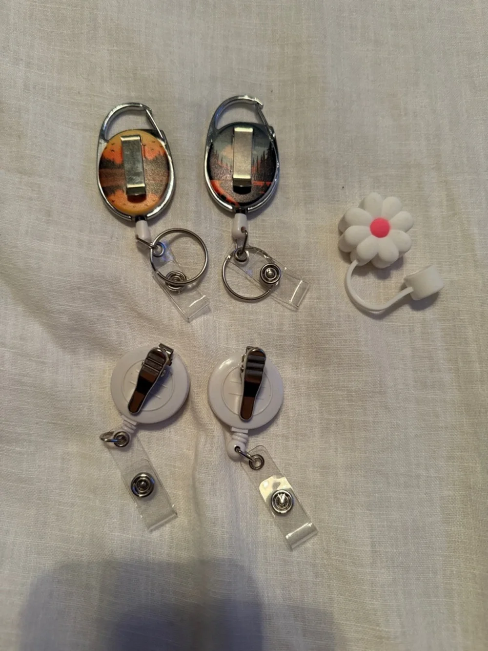Retractable Badge Reel Pack of 4 - White & Multicolor Nature Designs $ Straw Cap